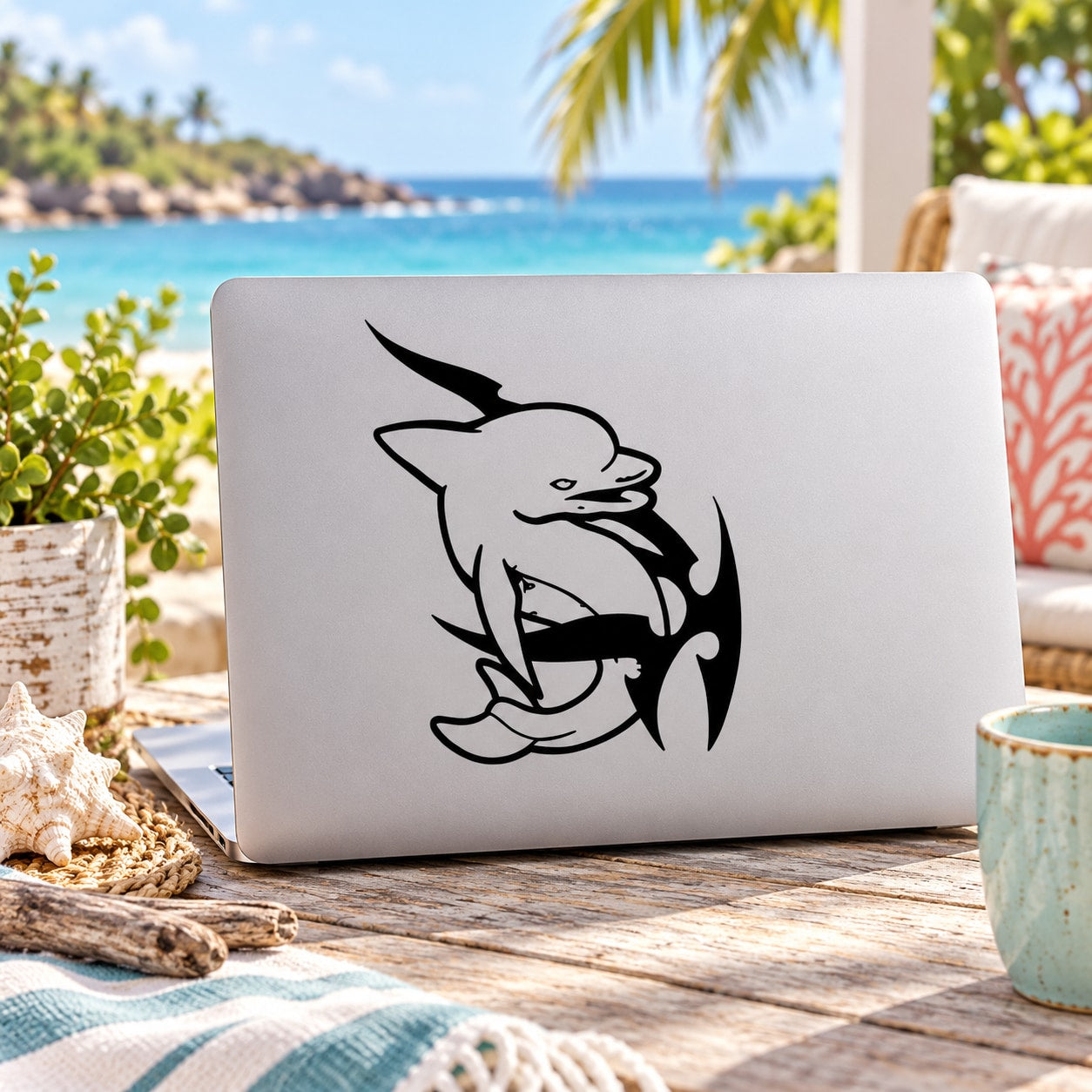 White laptop decal with black dolphin and seaweed graphic