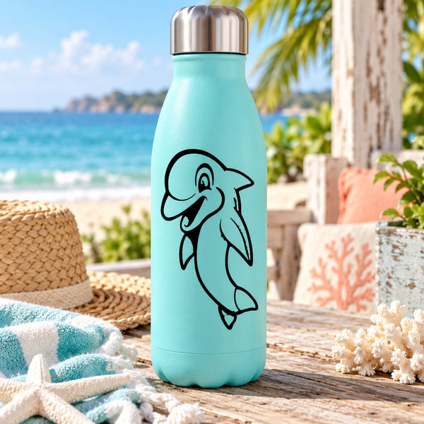 Teal water bottle with black dolphin decal
