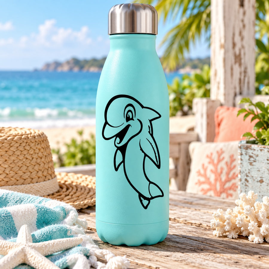 Teal water bottle with black dolphin decal