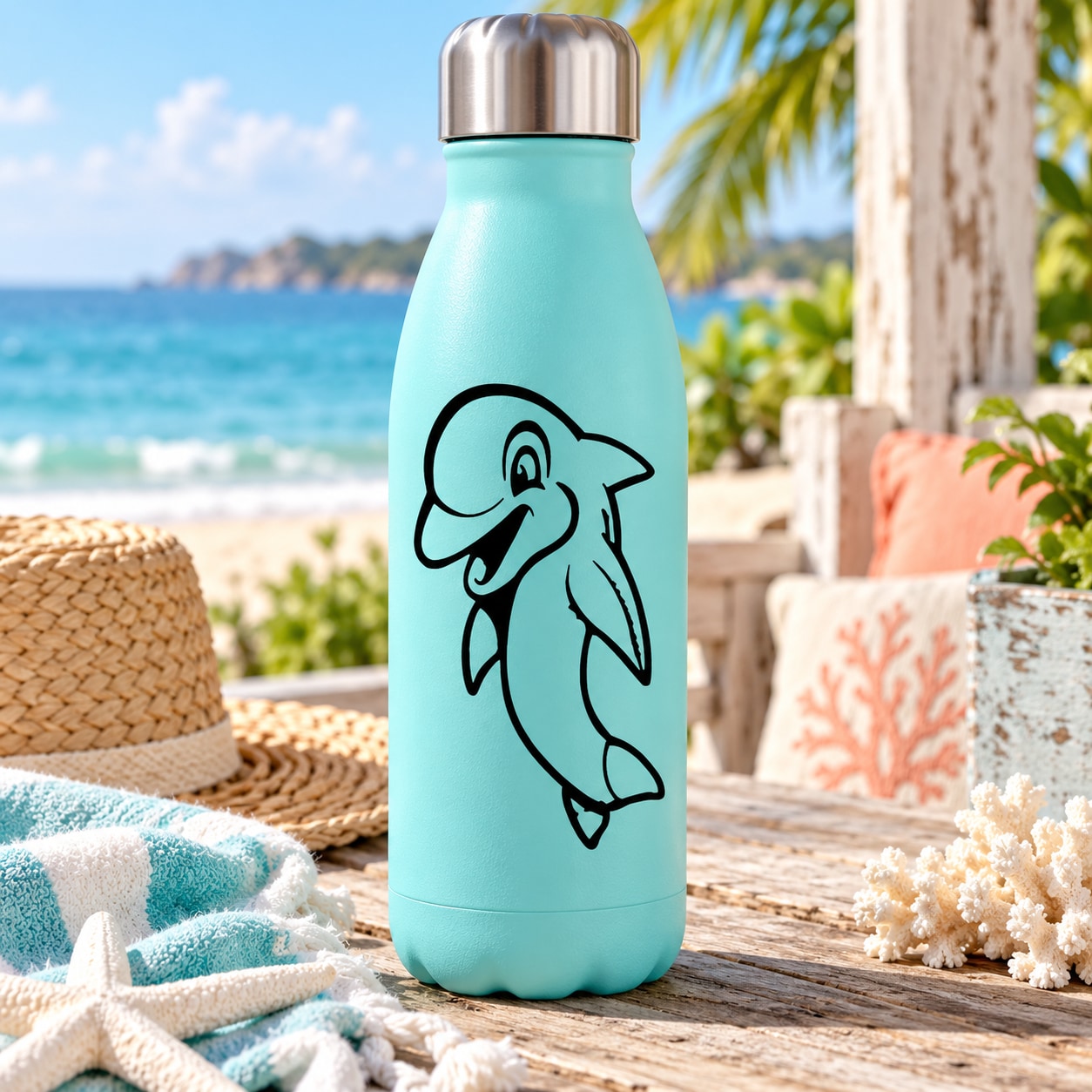 Teal water bottle with black dolphin decal