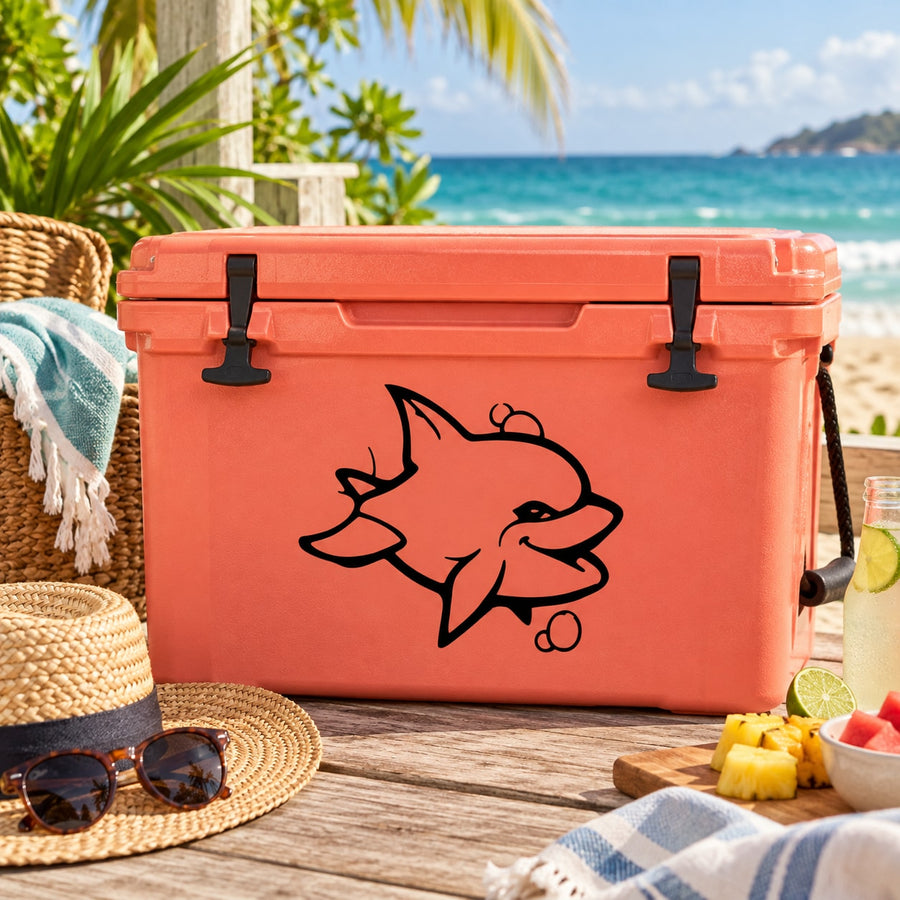 Orange cooler with black dolphin decal illustration