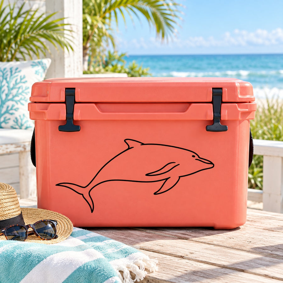 Dolphin line-art decal with black outline on a coral red cooler lid