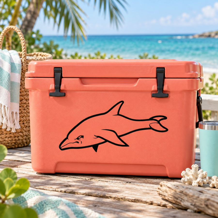 Black grumpy dolphin silhouette decal on red hard cooler