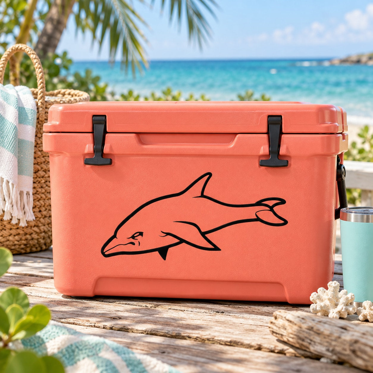 Black grumpy dolphin silhouette decal on red hard cooler