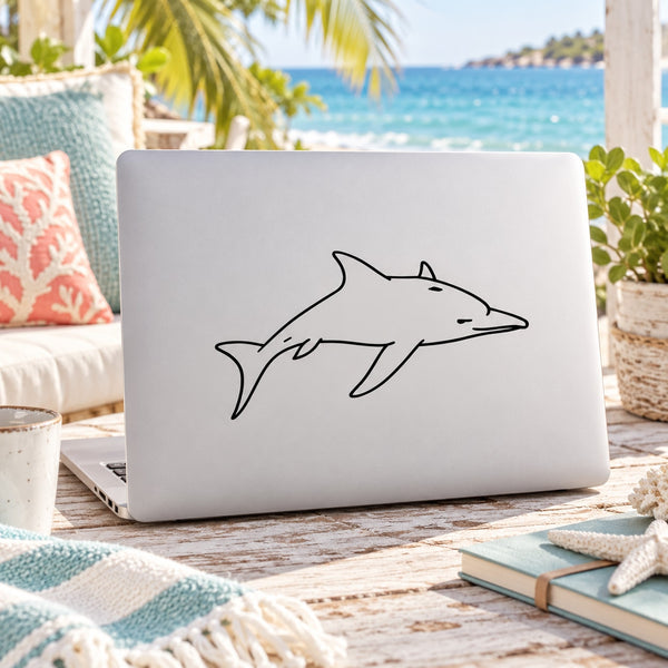 Long-nose dolphin decal with black line-art on a white laptop lid