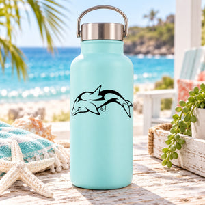 Aqua water bottle with dolphin decal graphic