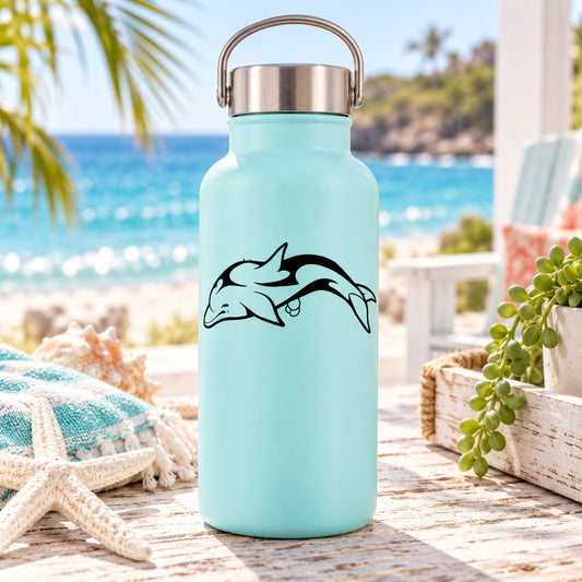Aqua water bottle with dolphin decal graphic