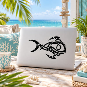 Black tribal dolphin decal on white laptop lid
