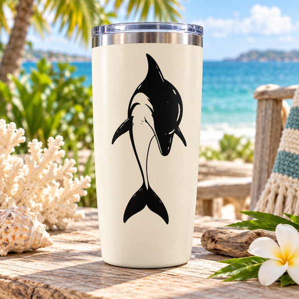Stainless steel tumbler with black dolphin diving decal