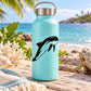 Sky-blue water bottle with black orca whale swim decal on front