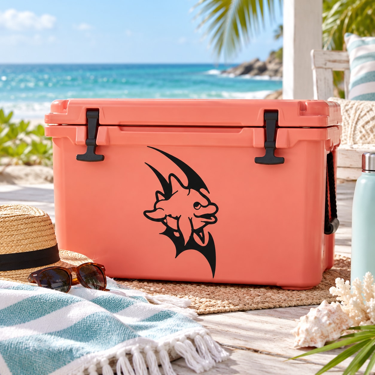 Orange cooler with black tribal dolphin decal on front