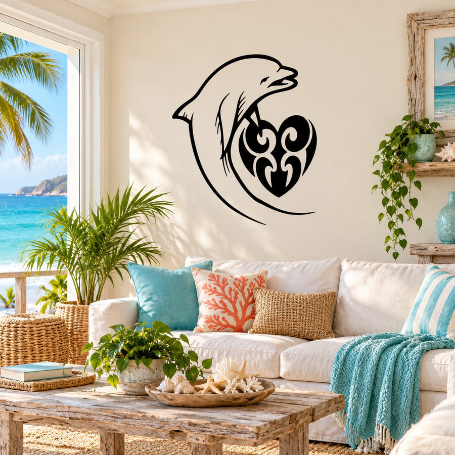 Dolphin and tribal heart wall decal, black outline with swirl heart design