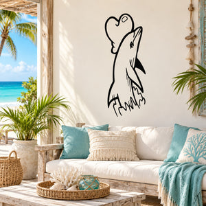 Dolphin touching heart wall decal, black outline design