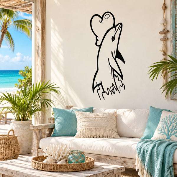 Dolphin touching heart wall decal, black outline design
