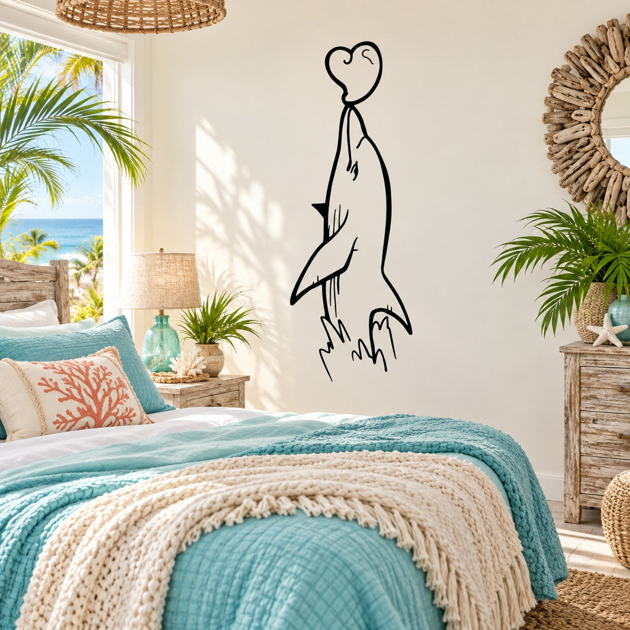 Heart-touching dolphin beak line-art wall decal, black outline on a white surface