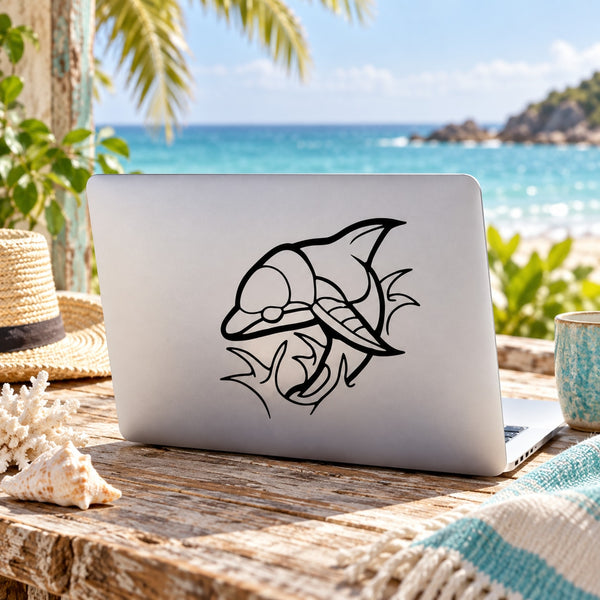 Black dolphin splash decal on light gray laptop lid