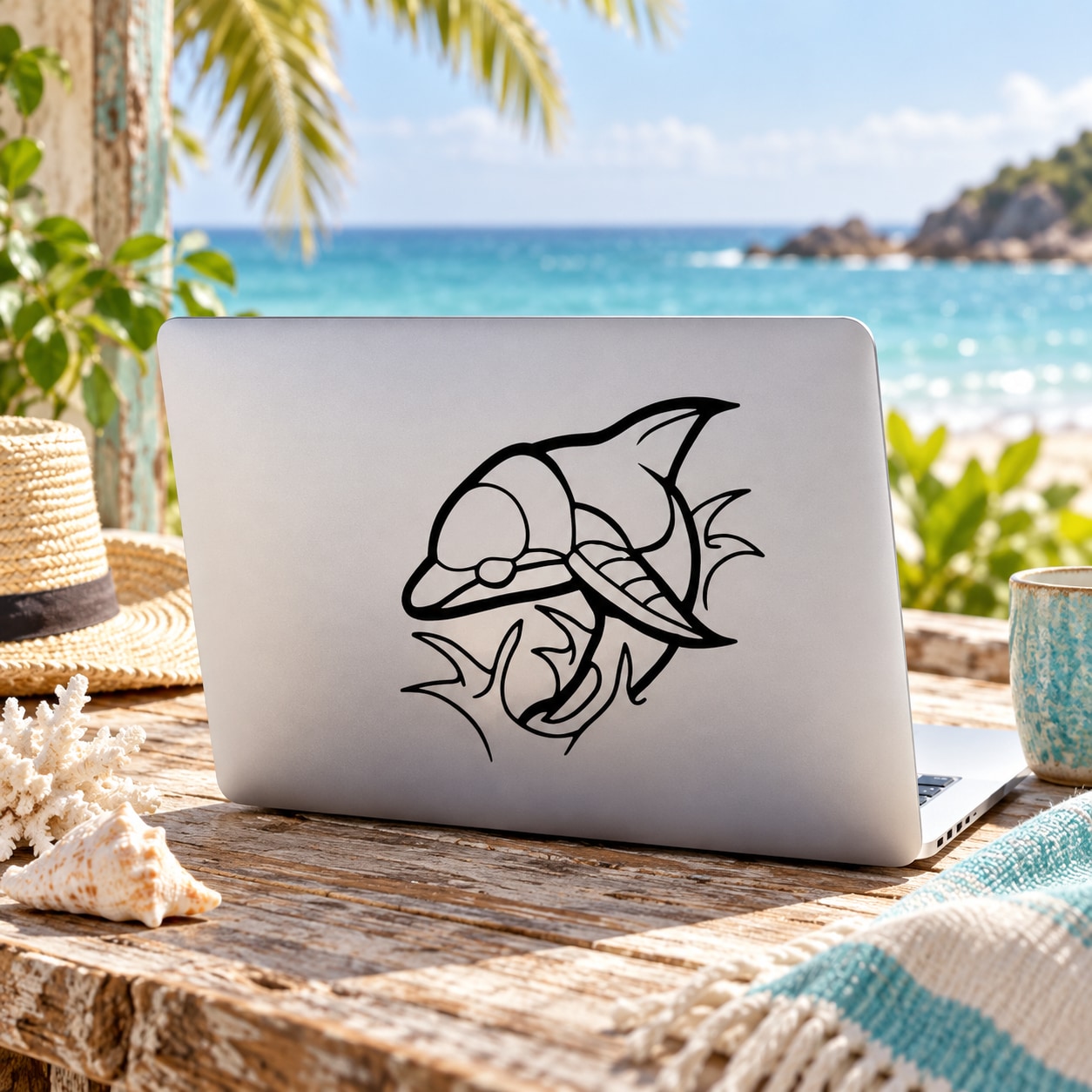 Black dolphin splash decal on light gray laptop lid