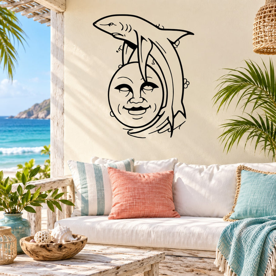 Shark leaping over moon face wall decal, black line art with playful grin