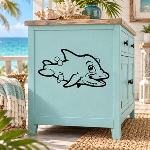 Dolphin bubble decal with black line-art dolphin and small bubble accents