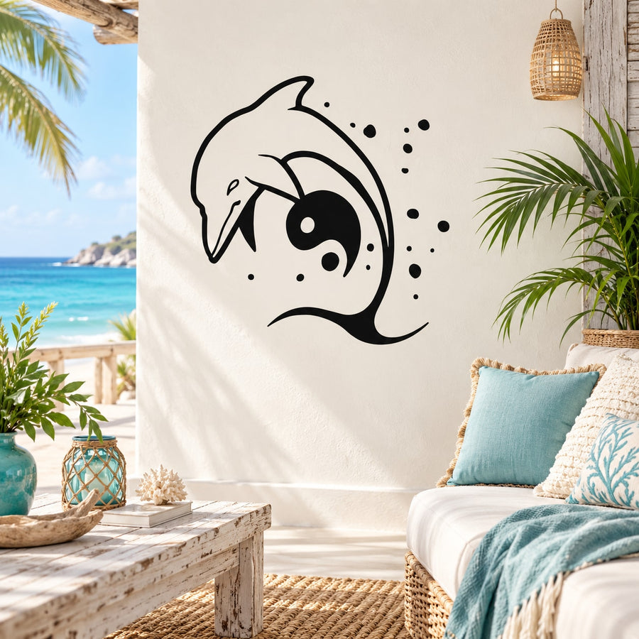 Black dolphin yin-yang wall decal on white background