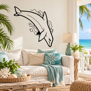Dolphin water dive decal, line-art dolphin with bubbles in dark ink