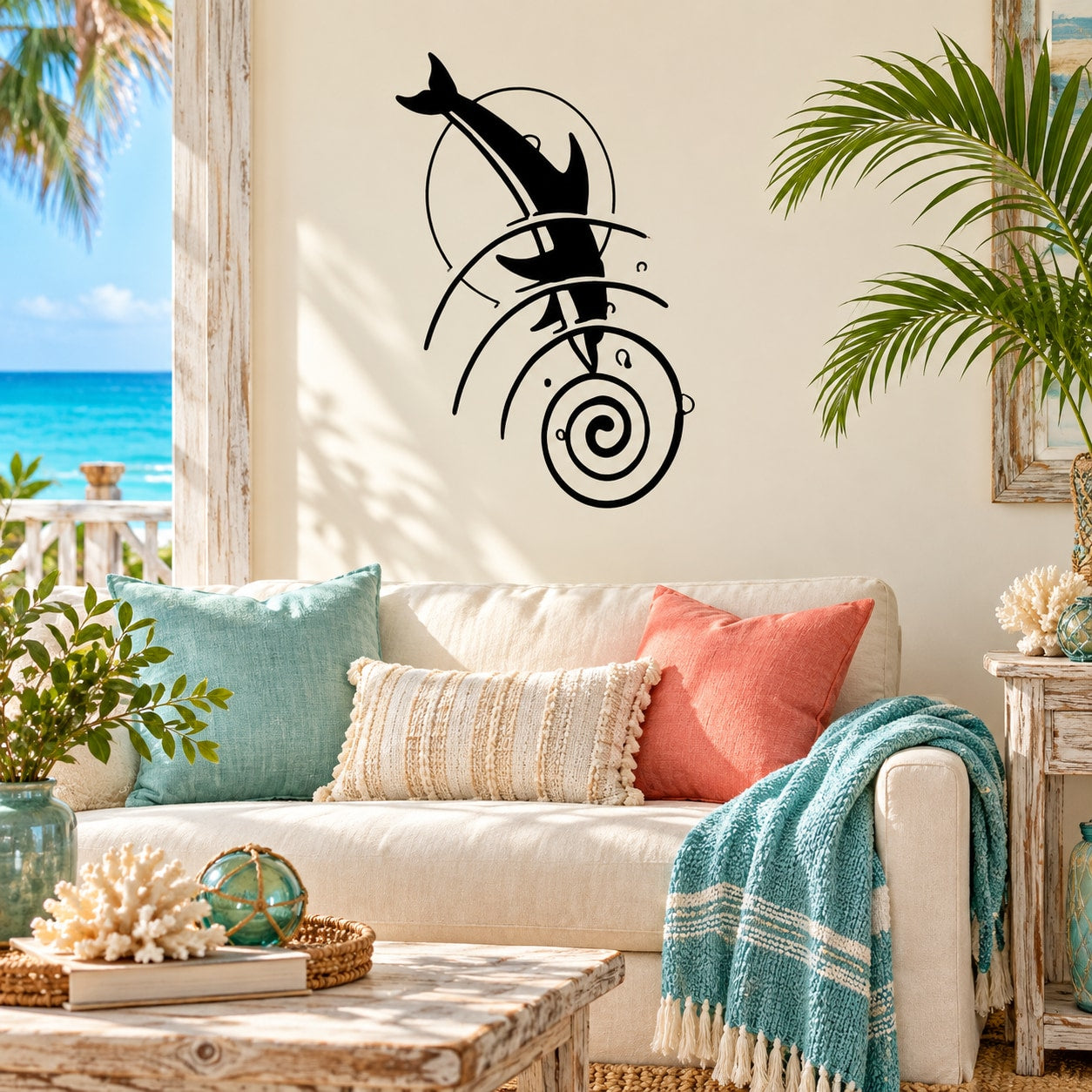 Dolphin dive moon swirl wall decal with black and white outlined design
