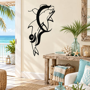 Black dolphin and wave music-note wall decal, thin line art