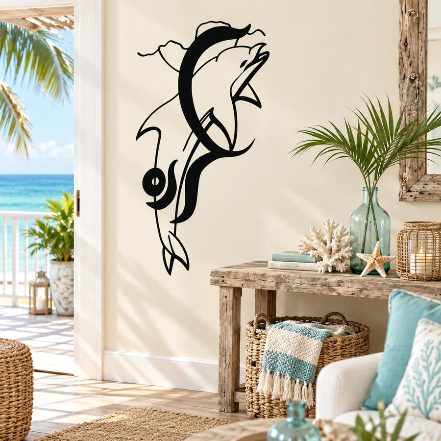 Black dolphin and wave music-note wall decal, thin line art