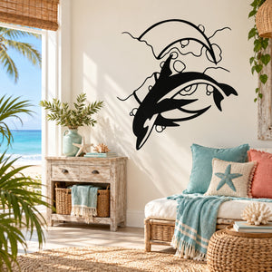 Black dolphin and moon outline wall decal with small bubbles