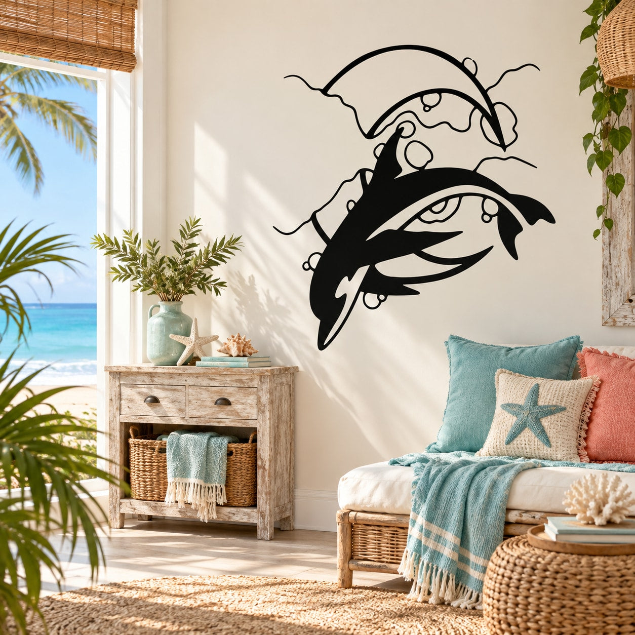Black dolphin and moon outline wall decal with small bubbles