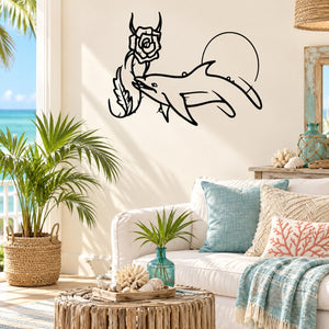 Dolphin, rose, and moon line-art wall decal in black