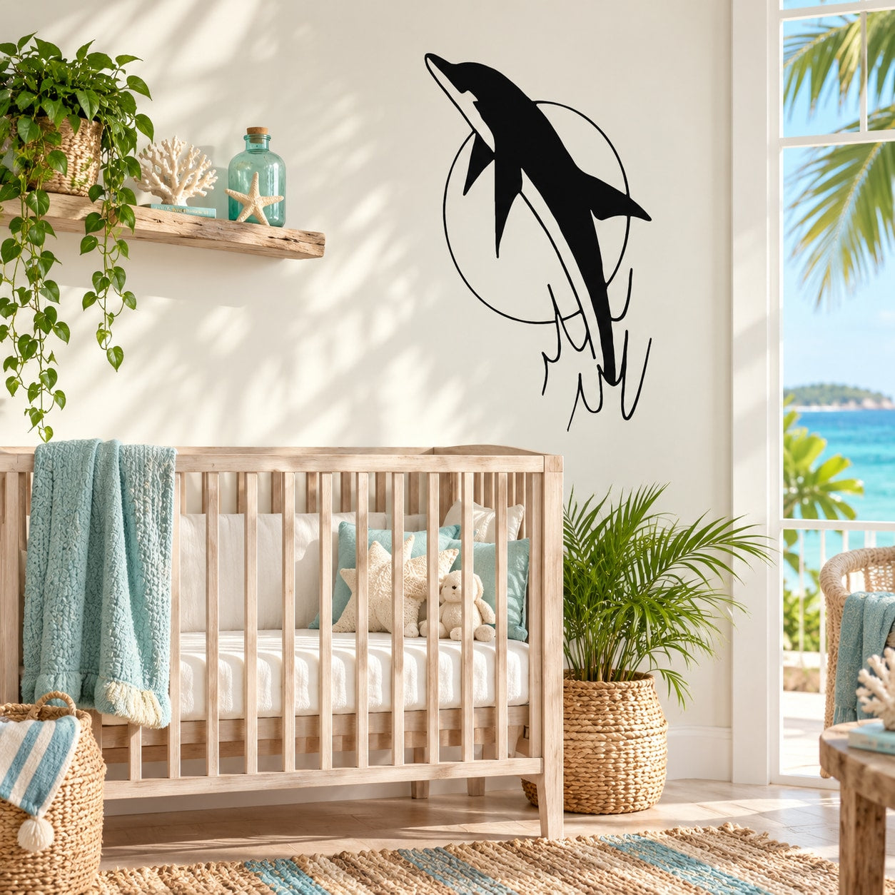 Dolphin and moon wall decal with black splash outline and round moon shape