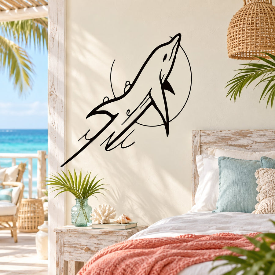 Dolphin splash wall decal in black outline