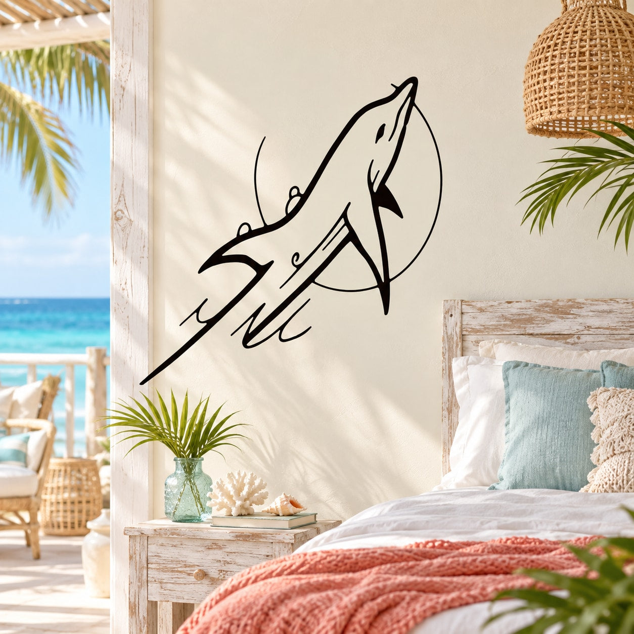 Dolphin splash wall decal in black outline
