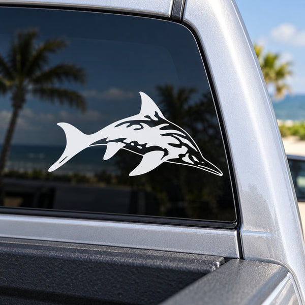 Spotted dolphin car decal, white silhouette on window glass