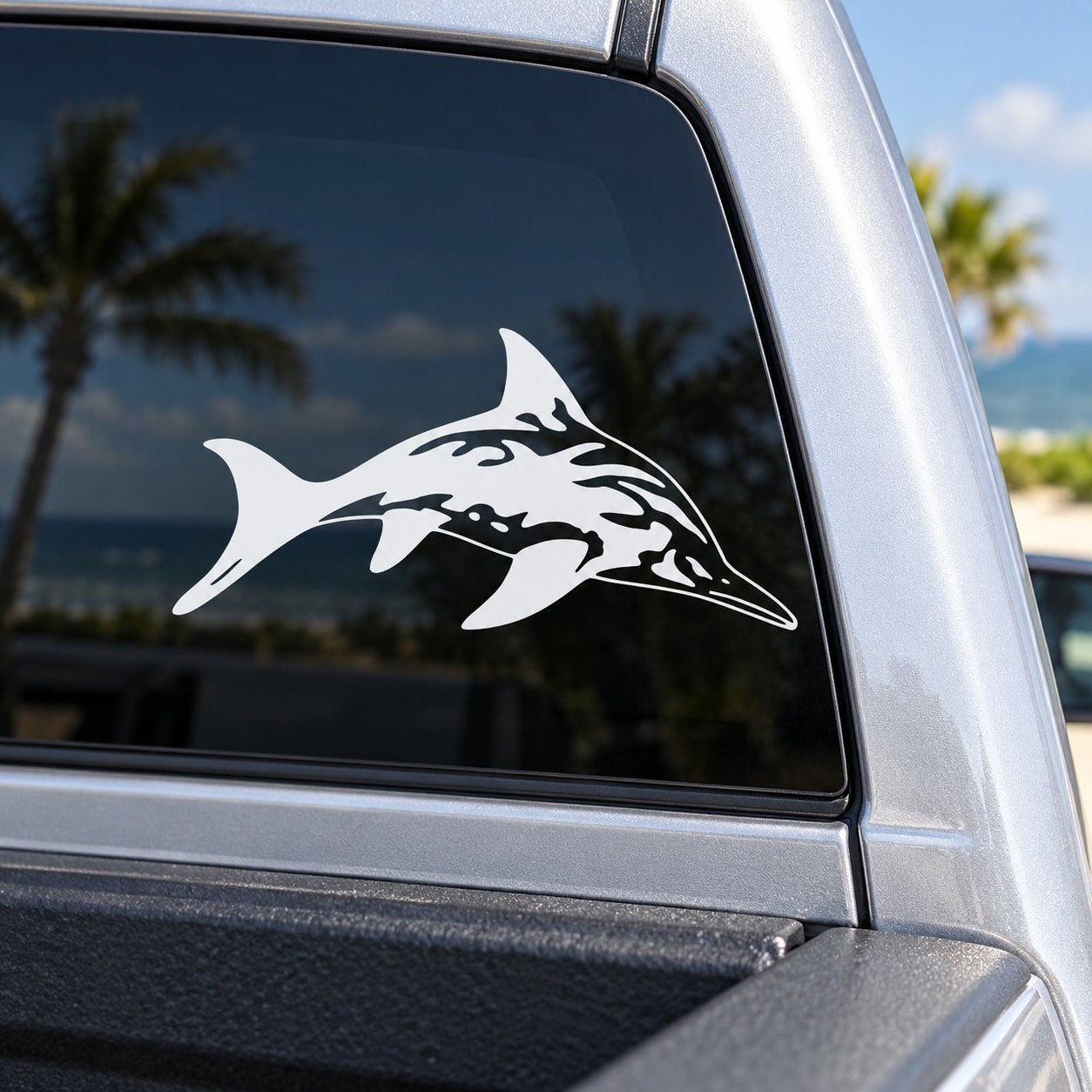 Spotted dolphin car decal, white silhouette on window glass