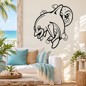 Cartoon dolphin and moon wall decal with black outline