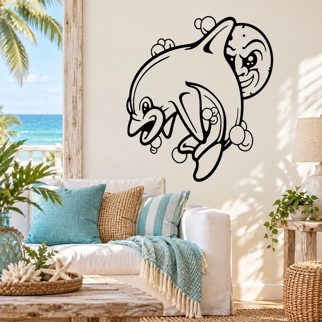 Cartoon dolphin and moon wall decal with black outline