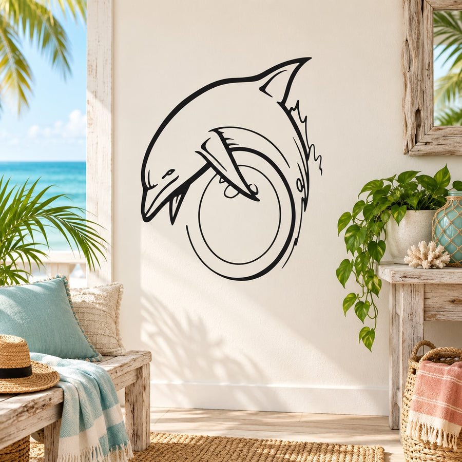 Dolphin diving with ring decal in black outline