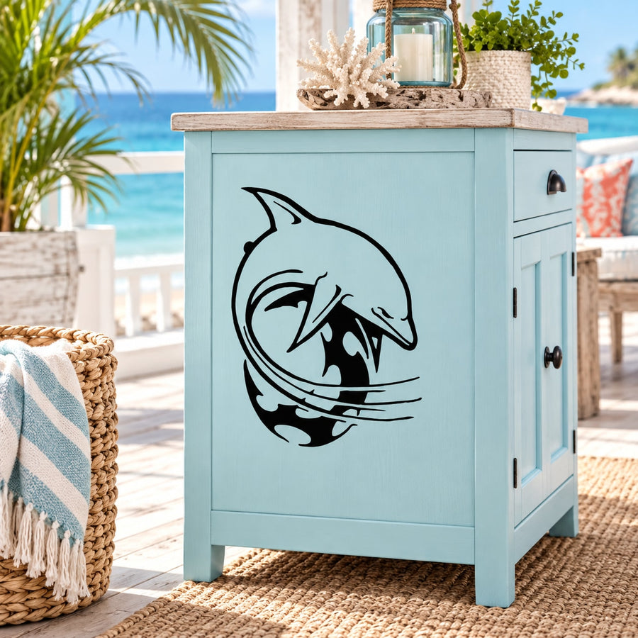 Tribal dolphin wall decal in black circular design