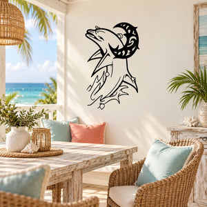 Dolphin tribal moon rising wall decal in black line art