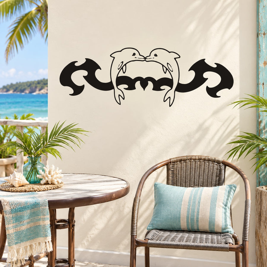 Black dolphin decal with curled fins and heart-shaped details