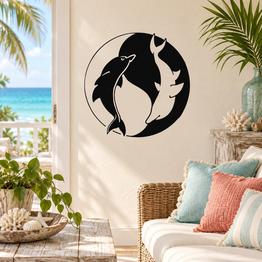 Yin yang dolphin wall decal, black and white circular design with two dolphins