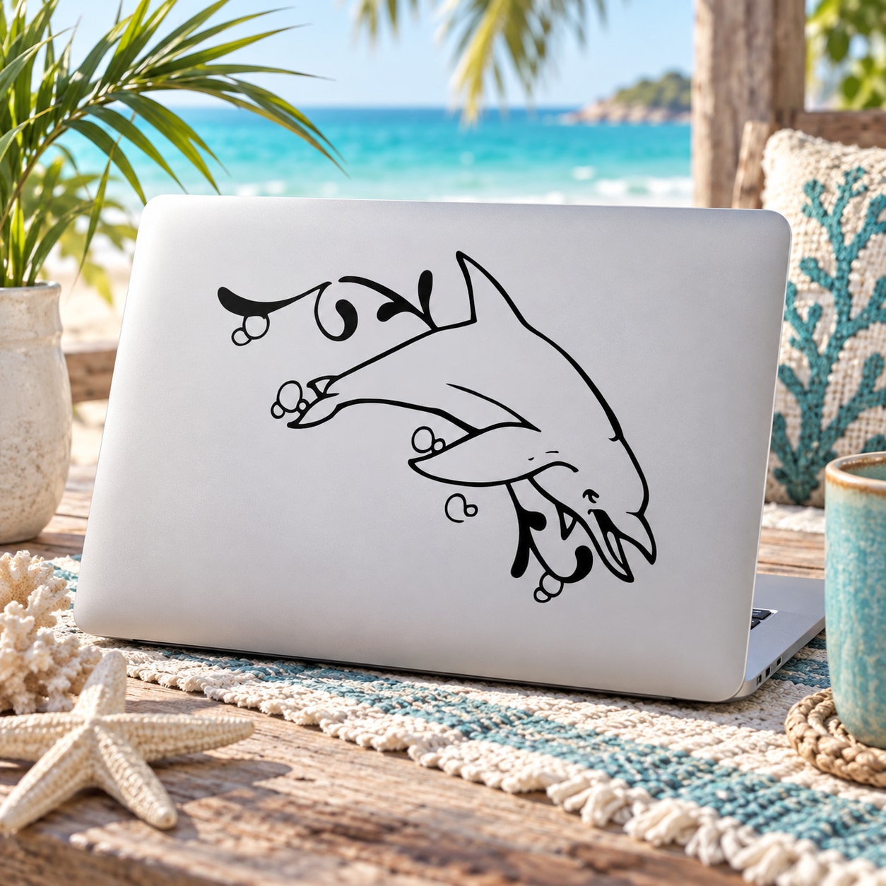Dolphin and seaweed line-art decal on white surface