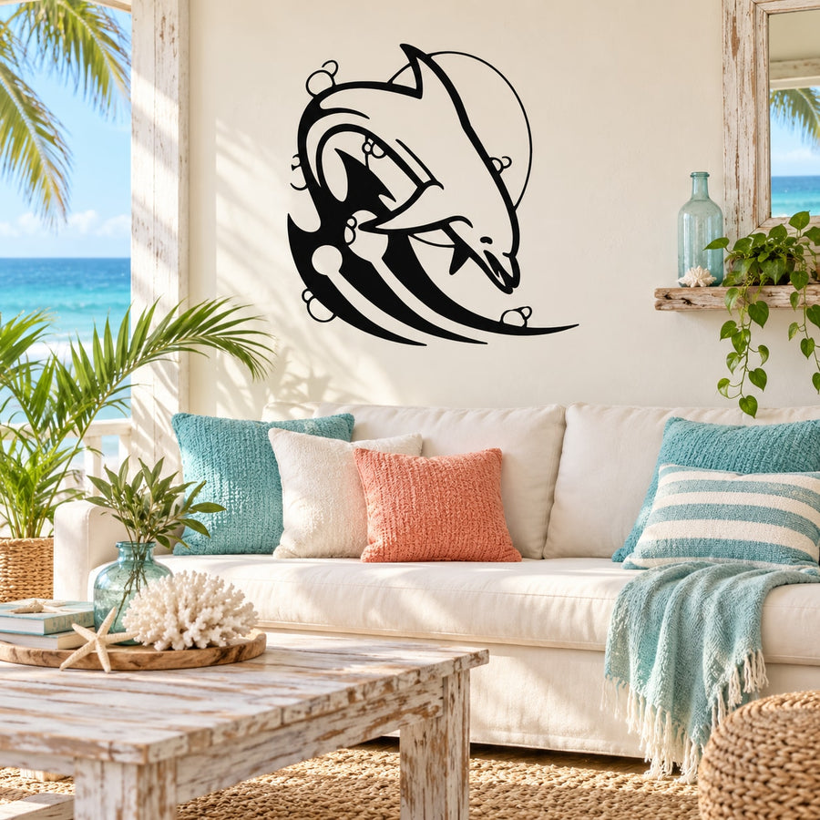 Black dolphin wall decal with tribal wave and moon pattern