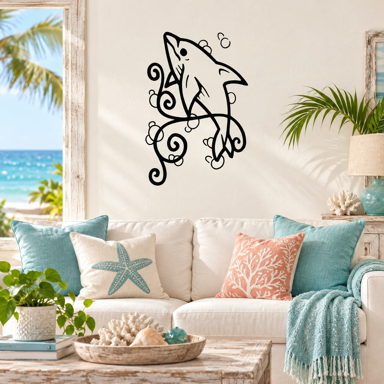 Black dolphin wall decal with bubble and seaweed swirl motifs