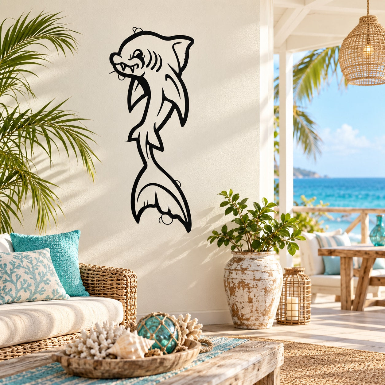 Black cartoon fanged fish wall decal with curved fins and open mouth
