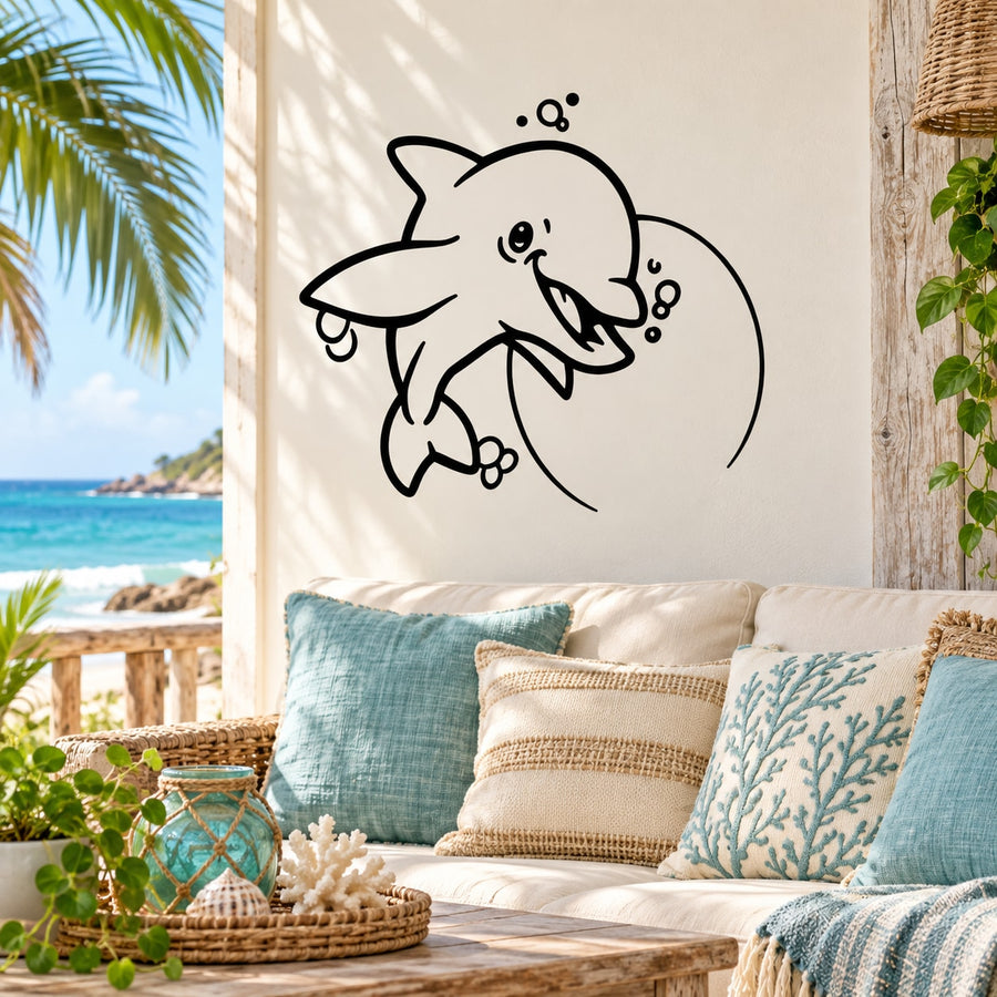 Dolphin and moon greeting wall decal in black line art with small bubbles