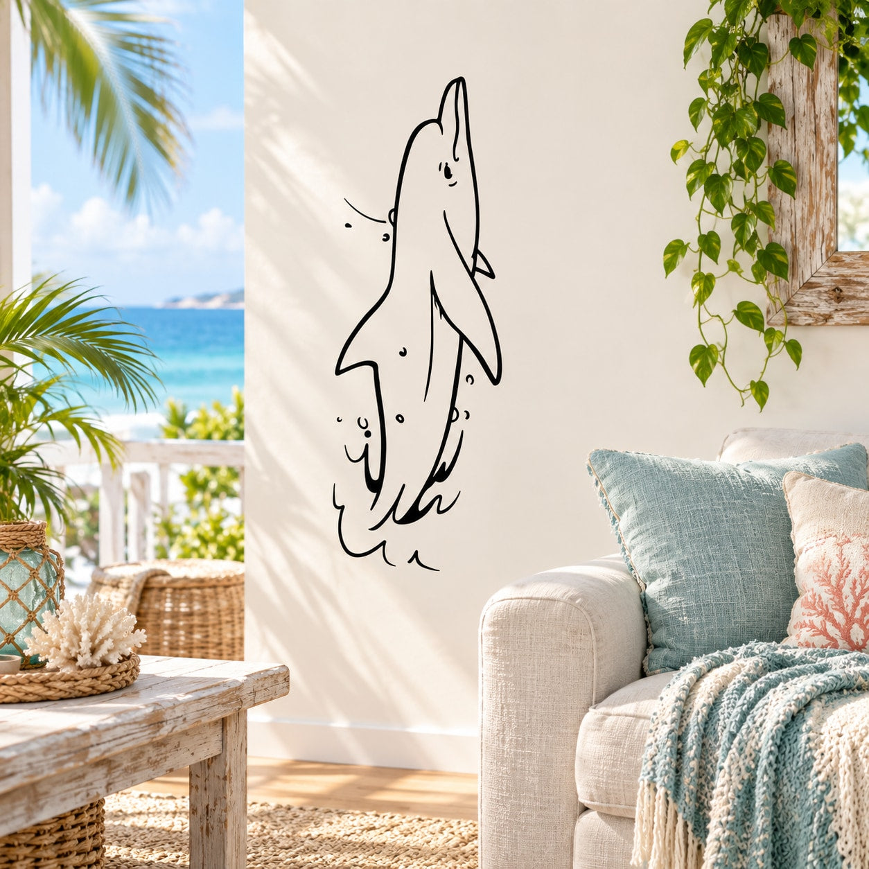 Dolphin splash wall decal with black line-art dolphin silhouette