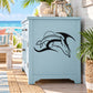 Upside-down moon and dolphin wall decal in black on light blue cabinet door